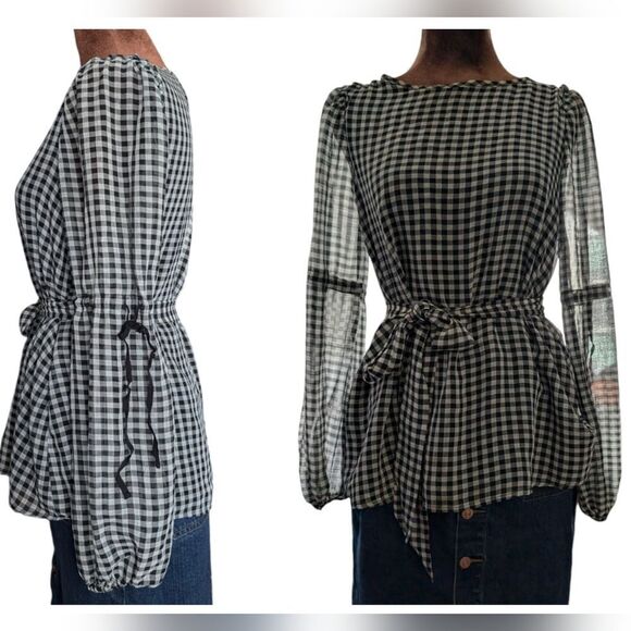 Max Studio chiffon gingham peasant blouse with removable tie belt size S - Picture 1 of 16